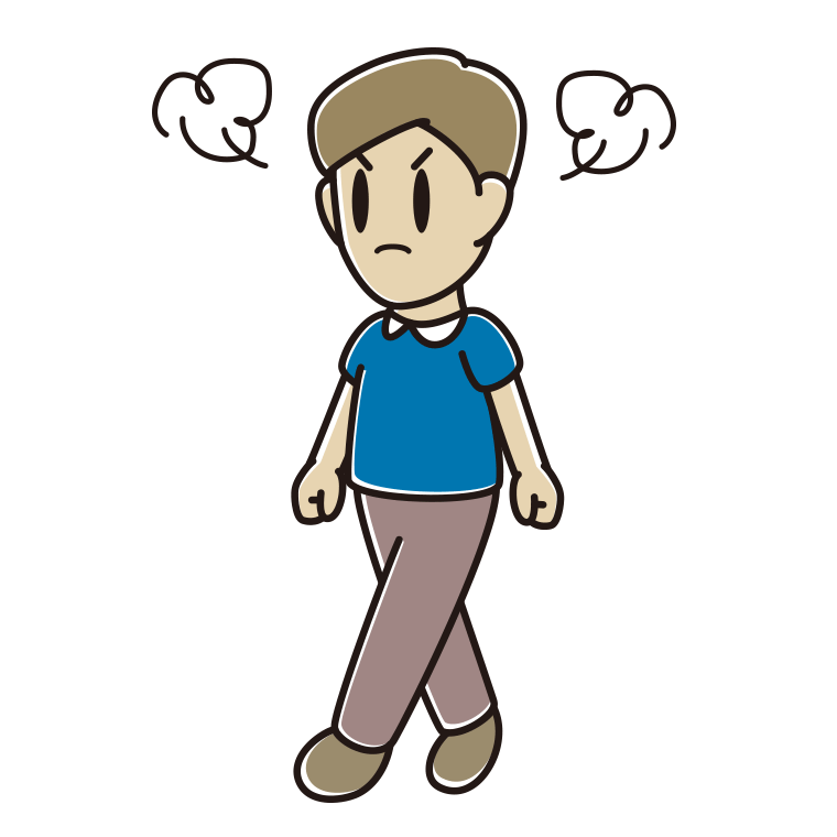 怒りながら歩く男性のイラスト【色あり、背景なし】透過PNG