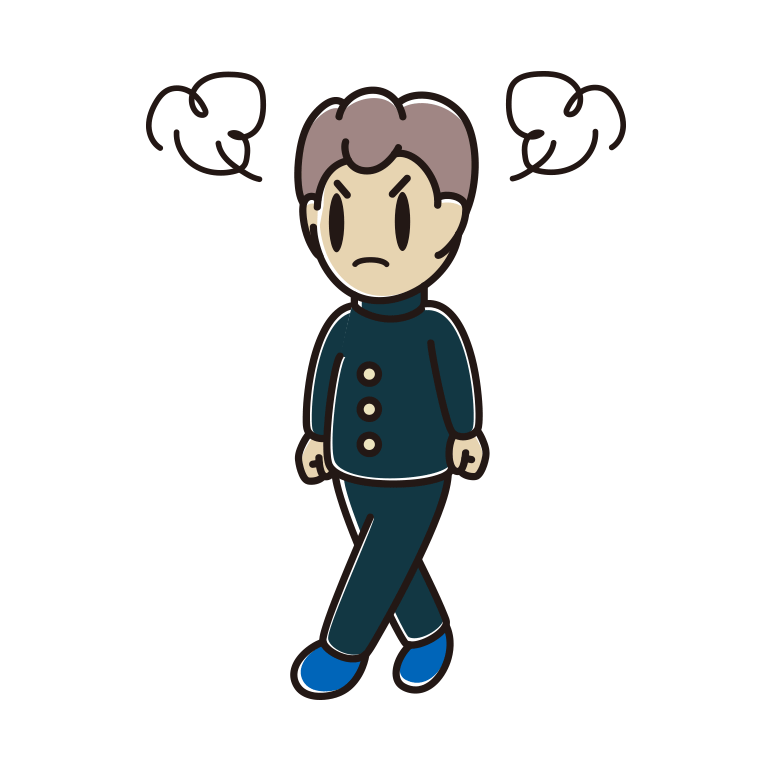 怒りながら歩く男子中学生のイラスト【色あり、背景なし】透過PNG