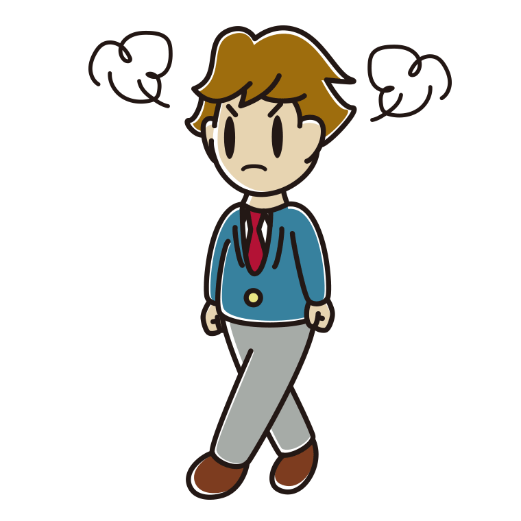 怒りながら歩く男子高校生のイラスト【色あり、背景なし】透過PNG
