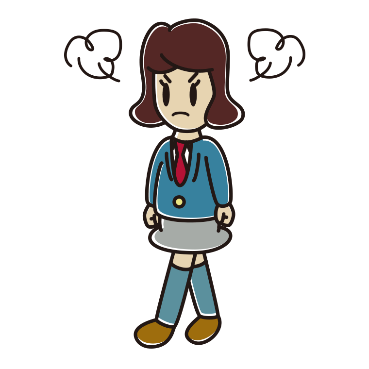 怒りながら歩く女子高校生のイラスト【色あり、背景なし】透過PNG