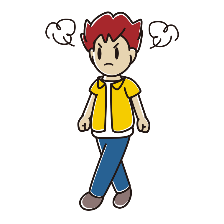 怒りながら歩く男子大学生のイラスト【色あり、背景なし】透過PNG