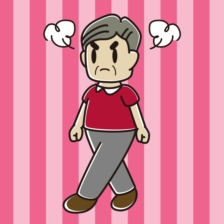怒りながら歩くおじさんのイラスト【色、背景あり】PNG
