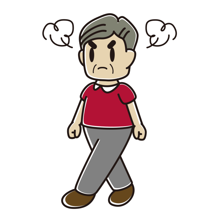 怒りながら歩くおじさんのイラスト【色あり、背景なし】透過PNG