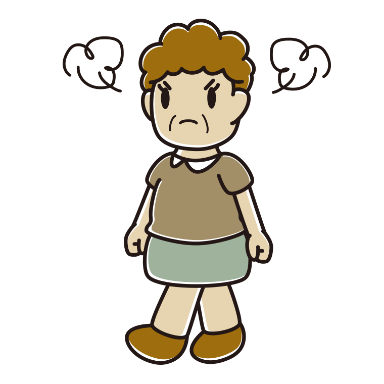 怒りながら歩くおばさんのイラスト【色あり、背景なし】透過PNG