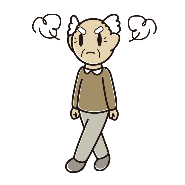 怒りながら歩くおじいさんのイラスト【色あり、背景なし】透過PNG