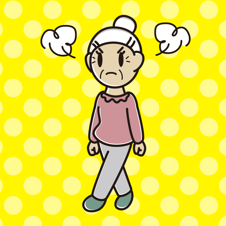 怒りながら歩くおばあさんのイラスト【色、背景あり】PNG