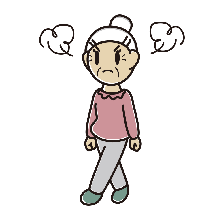 怒りながら歩くおばあさんのイラスト【色あり、背景なし】透過PNG