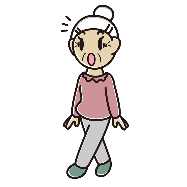 歩いていて驚くおばあさんのイラスト【色あり、背景なし】透過PNG
