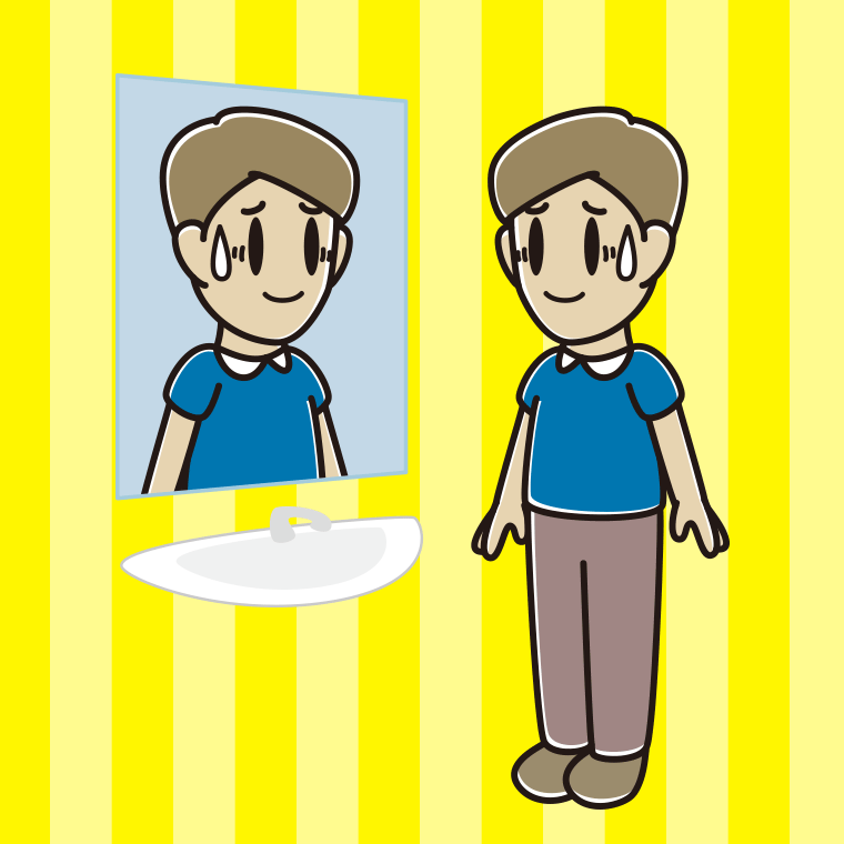 鏡を見て苦笑いする男性のイラスト【色、背景あり】PNG