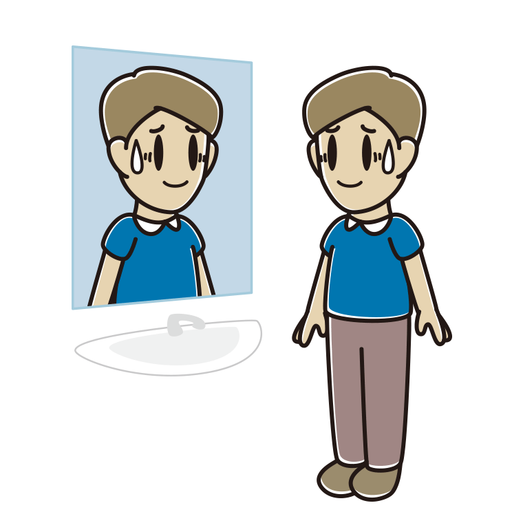 鏡を見て苦笑いする男性のイラスト【色あり、背景なし】透過PNG