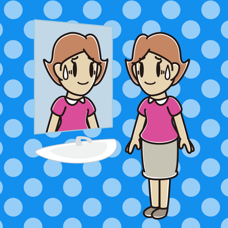 鏡を見て苦笑いする女性のイラスト【色、背景あり】PNG