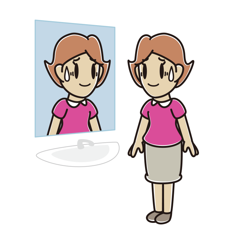 鏡を見て苦笑いする女性のイラスト【色あり、背景なし】透過PNG