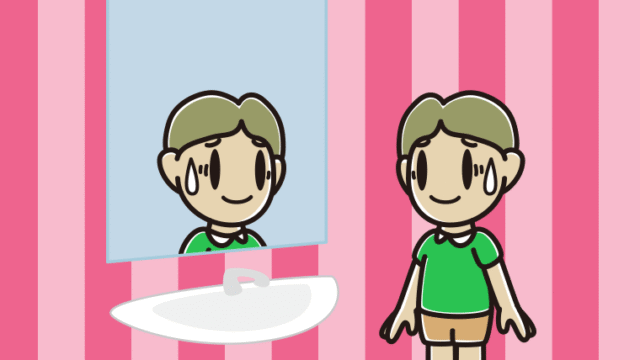 鏡を見て苦笑いする小学生男子のイラスト【色、背景あり】PNG