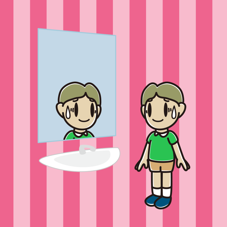 鏡を見て苦笑いする小学生男子のイラスト【色、背景あり】PNG