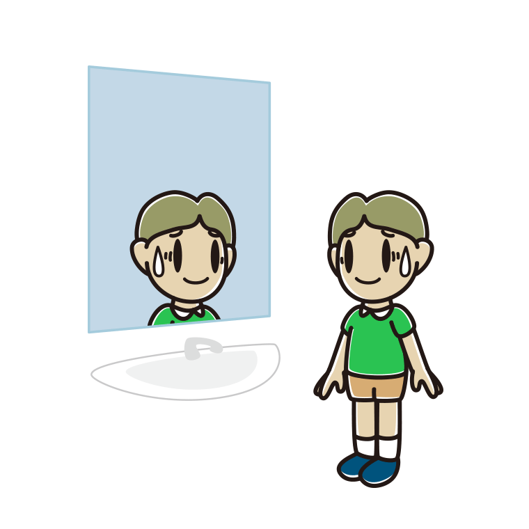 鏡を見て苦笑いする小学生男子のイラスト【色あり、背景なし】透過PNG