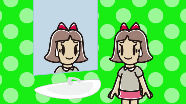 鏡を見て苦笑いする小学生女子のイラスト【色、背景あり】PNG