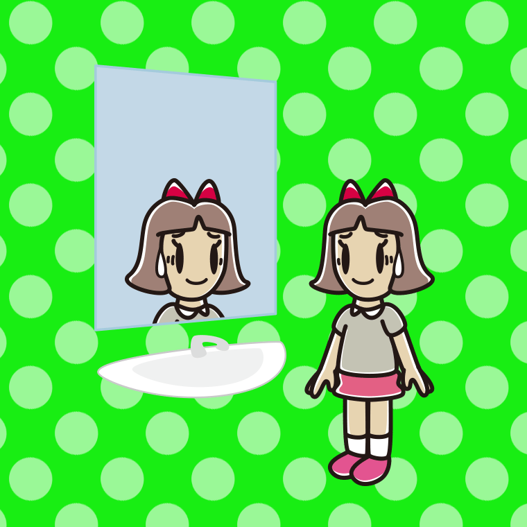 鏡を見て苦笑いする小学生女子のイラスト【色、背景あり】PNG