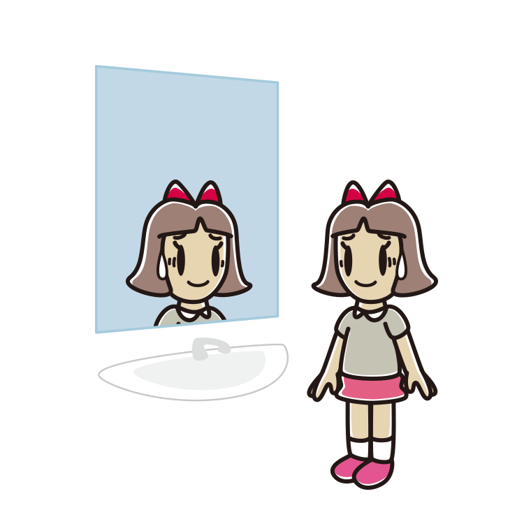 鏡を見て苦笑いする小学生女子のイラスト【色あり、背景なし】透過PNG