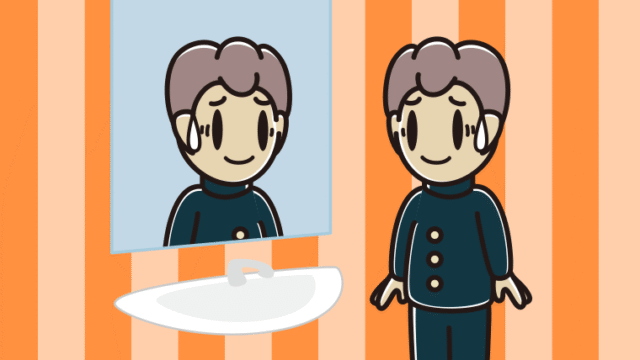 鏡を見て苦笑いする男子中学生のイラスト【色、背景あり】PNG