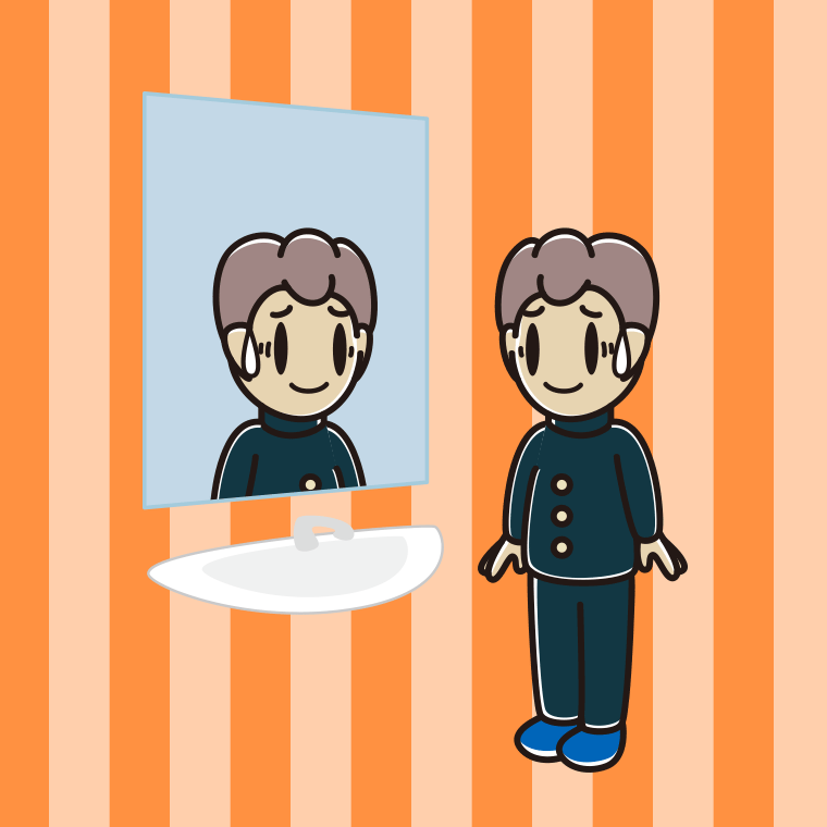 鏡を見て苦笑いする男子中学生のイラスト【色、背景あり】PNG
