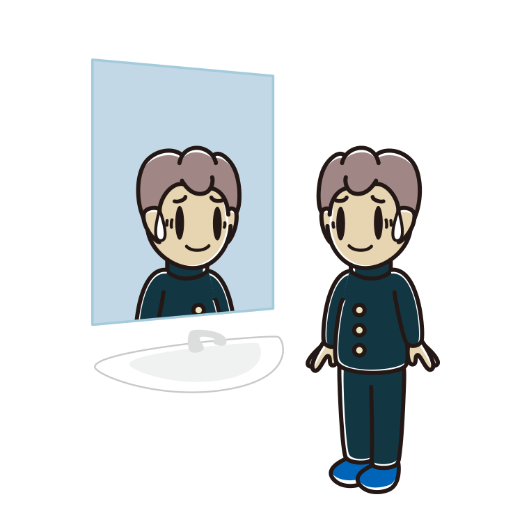 鏡を見て苦笑いする男子中学生のイラスト【色あり、背景なし】透過PNG