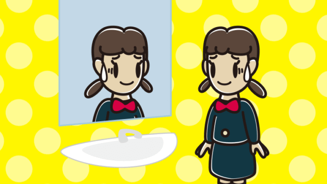 鏡を見て苦笑いする女子中学生のイラスト【色、背景あり】PNG