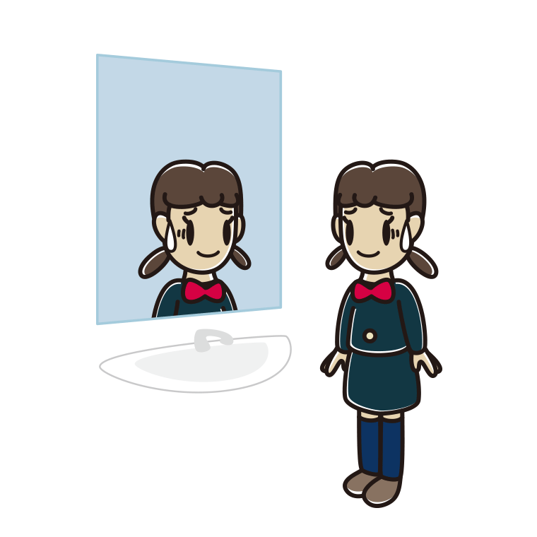 鏡を見て苦笑いする女子中学生のイラスト【色あり、背景なし】透過PNG