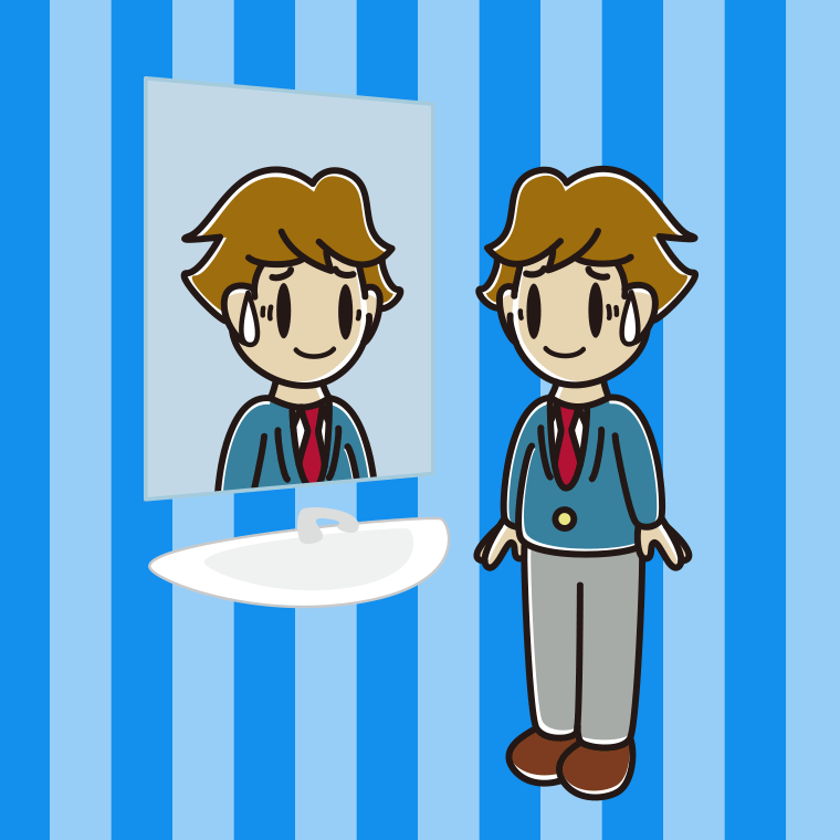 鏡を見て苦笑いする男子高校生のイラスト【色、背景あり】PNG