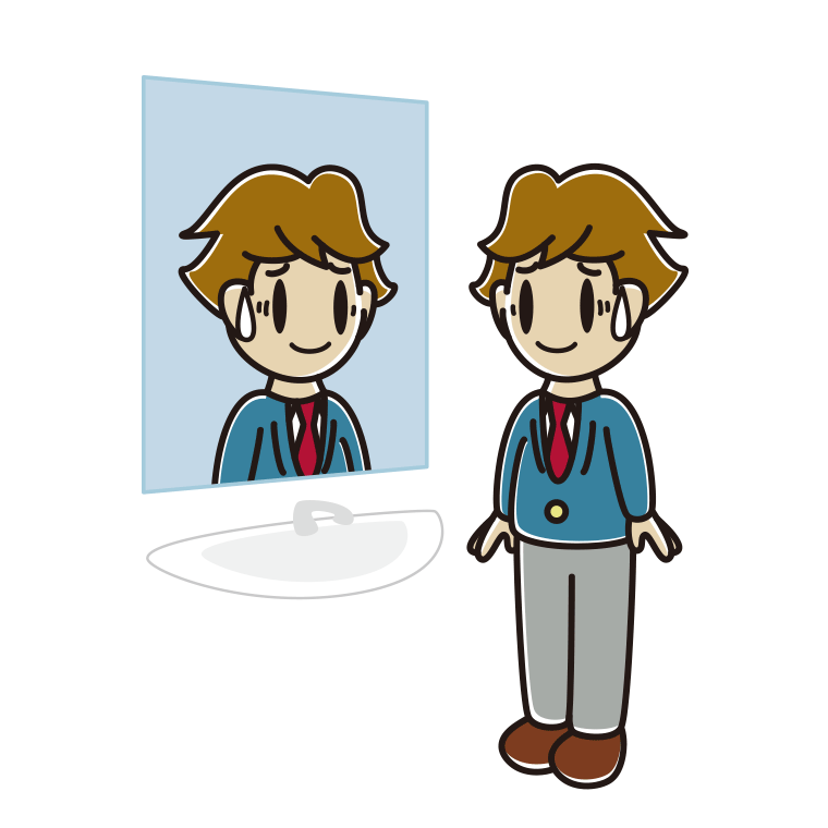 鏡を見て苦笑いする男子高校生のイラスト【色あり、背景なし】透過PNG