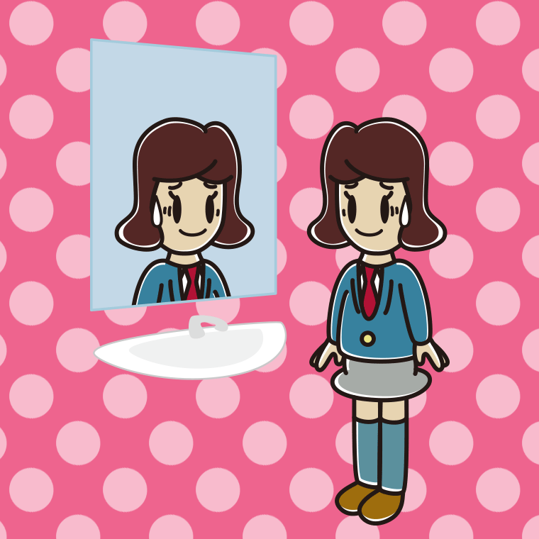 鏡を見て苦笑いする女子高校生のイラスト【色、背景あり】PNG