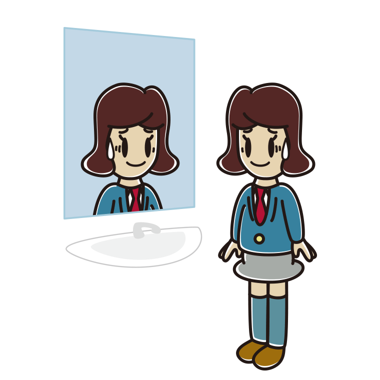 鏡を見て苦笑いする女子高校生のイラスト【色あり、背景なし】透過PNG