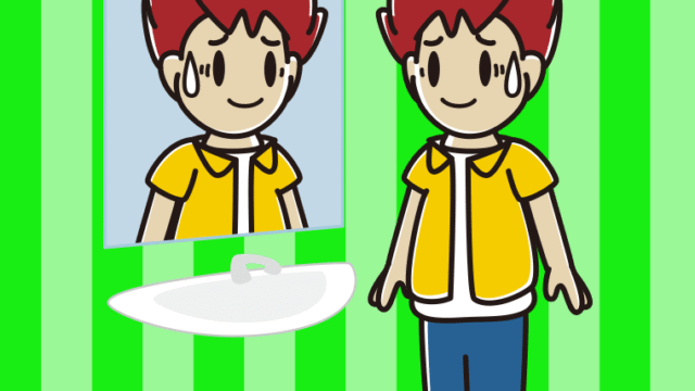 鏡を見て苦笑いする男子大学生のイラスト【色、背景あり】PNG