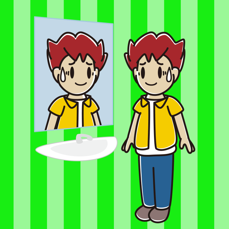鏡を見て苦笑いする男子大学生のイラスト【色、背景あり】PNG