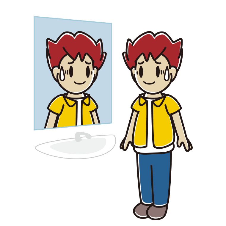 鏡を見て苦笑いする男子大学生のイラスト【色あり、背景なし】透過PNG