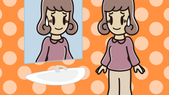 鏡を見て苦笑いする女子大学生のイラスト【色、背景あり】PNG