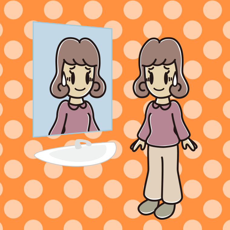 鏡を見て苦笑いする女子大学生のイラスト【色、背景あり】PNG