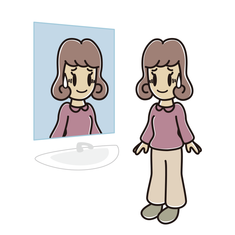 鏡を見て苦笑いする女子大学生のイラスト【色あり、背景なし】透過PNG
