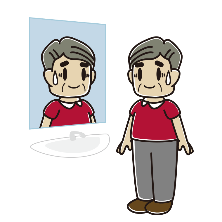 鏡を見て苦笑いするおじさんのイラスト【色あり、背景なし】透過PNG