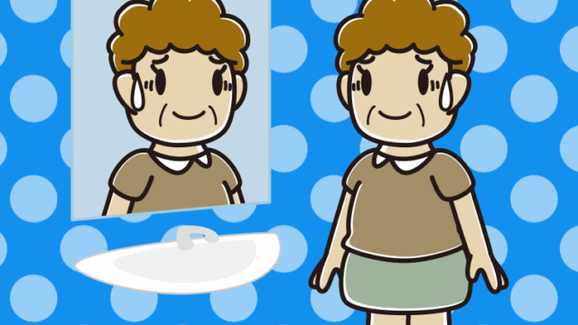 鏡を見て苦笑いするおばさんのイラスト【色、背景あり】PNG