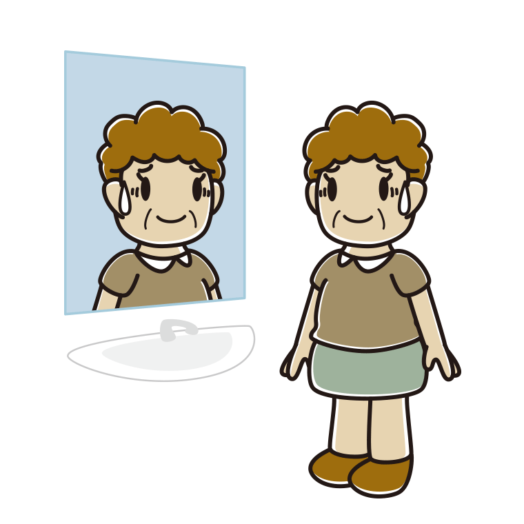鏡を見て苦笑いするおばさんのイラスト【色あり、背景なし】透過PNG