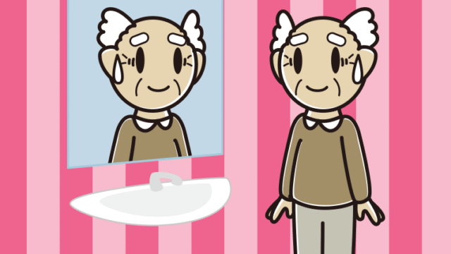 鏡を見て苦笑いするおじいさんのイラスト【色、背景あり】PNG