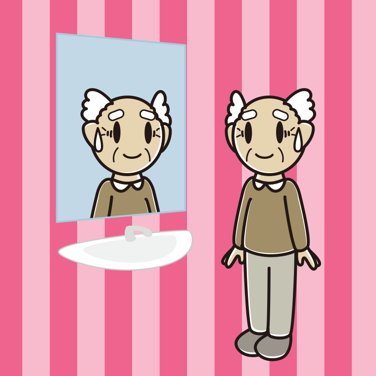 鏡を見て苦笑いするおじいさんのイラスト【色、背景あり】PNG