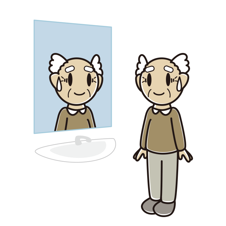 鏡を見て苦笑いするおじいさんのイラスト【色あり、背景なし】透過PNG