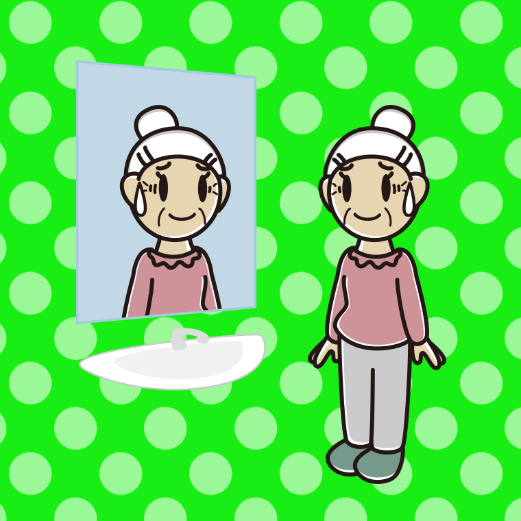 鏡を見て苦笑いするおばあさんのイラスト【色、背景あり】PNG