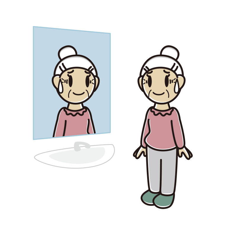 鏡を見て苦笑いするおばあさんのイラスト【色あり、背景なし】透過PNG