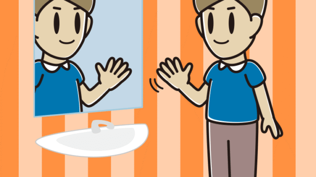 鏡に手を振る男性のイラスト【色、背景あり】PNG