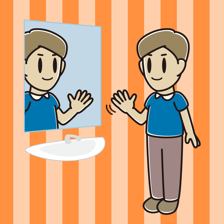 鏡に手を振る男性のイラスト【色、背景あり】PNG