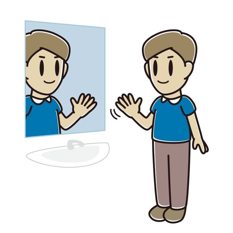 鏡に手を振る男性のイラスト【色あり、背景なし】透過PNG