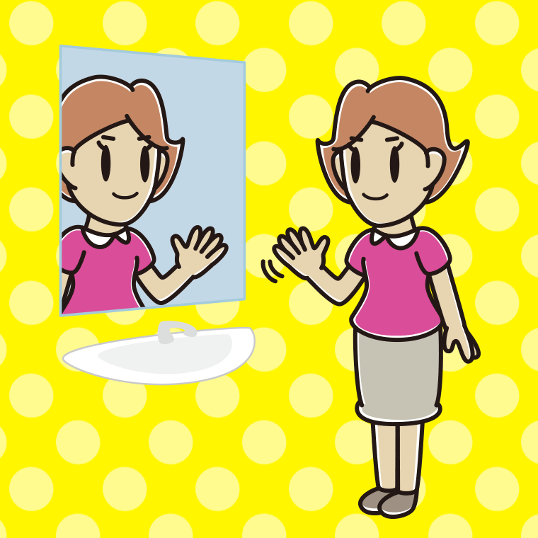 鏡に手を振る女性のイラスト【色、背景あり】PNG