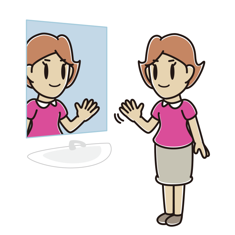 鏡に手を振る女性のイラスト【色あり、背景なし】透過PNG